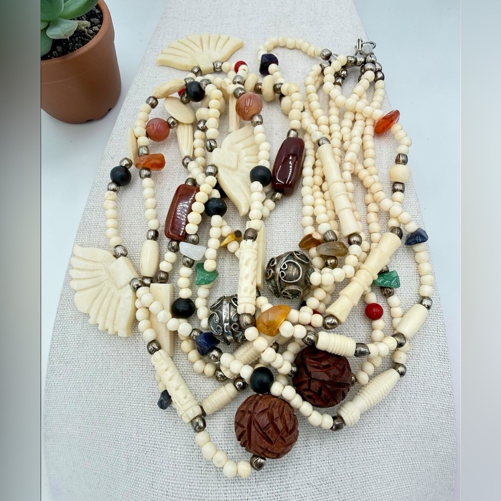 VTG 4 Strand Carved Bone Bead Necklace Jasper Carnelian Sodalite Agate Boho 24” - Picture 16 of 17